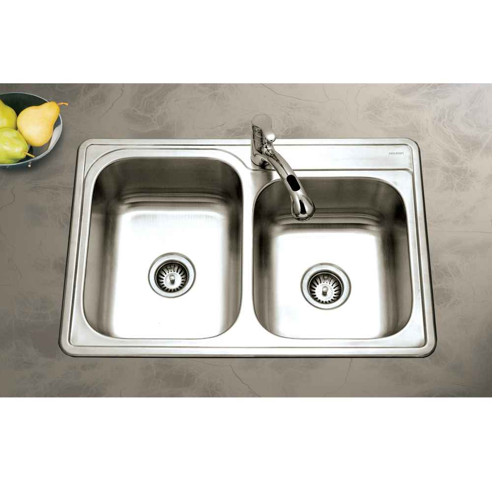 Houzer ISL-3322BS1 Glowtone 33" Stainless Steel Drop-in Topmount 1-hole 60/40 Double Bowl Kitchen Sink Strainers & Grids